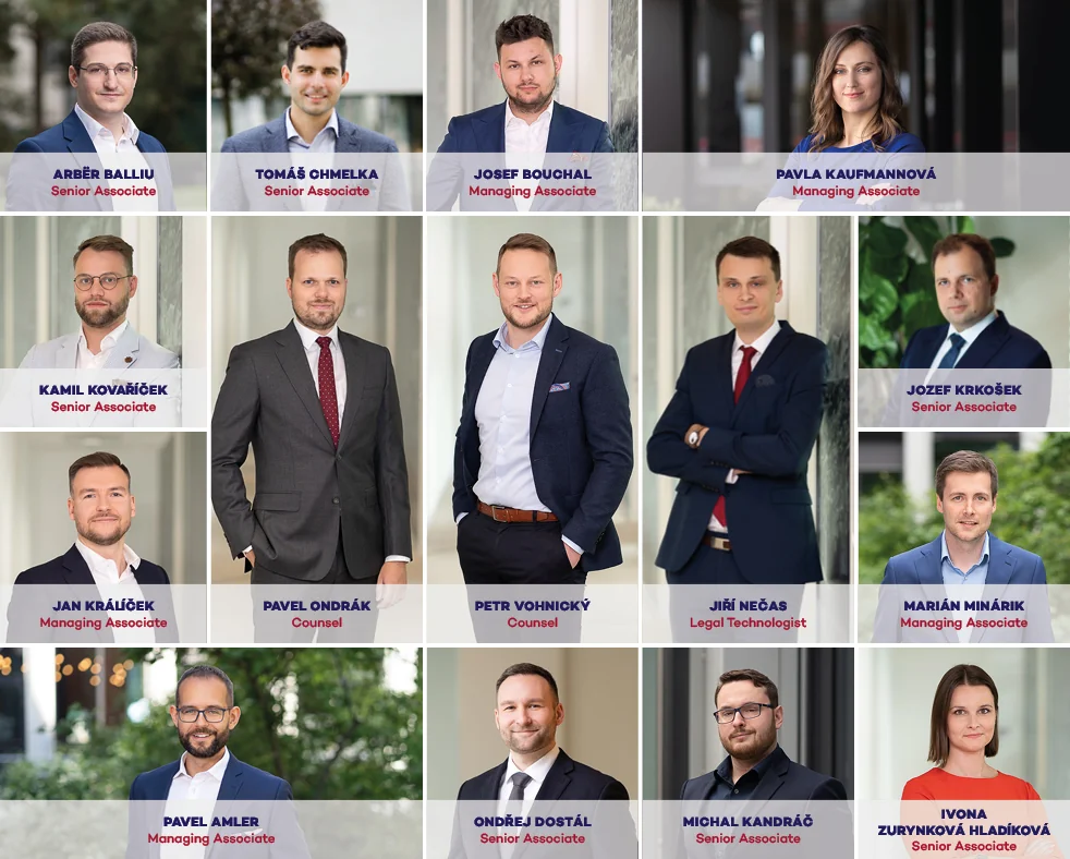 Graphic with portraits of the 15 promoted colleagues: counsel Pavel Ondrák and Petr Vohnický, Legal Technologist Jiří Nečas, managing associates Pavel Amler, Josef Bouchal, Pavla Kaufmannová, Jan Králíček and Marián Minárik, senior associates Arbër Balliu, Ondřej Dostál, Tomáš Chmelka, Michal Kandráč, Kamil Kovaříček, Jozef Krkošek and Ivona Zurynková Hladíková