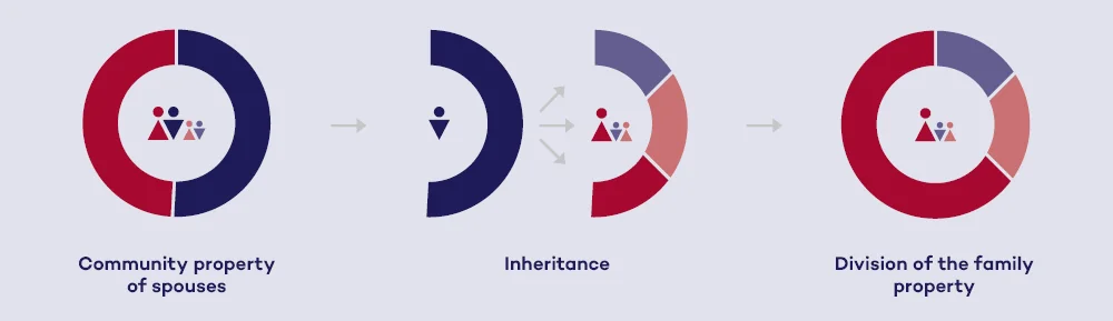 Infographic with three ring charts: “Community property of spouses” divided into two halves between husband and wife, “Inheritance” – the half attributable to the deceased husband divided equally between the wife and two children, and “Division of family property” – wife 4/6 of the total, each child 1/6 of the total.