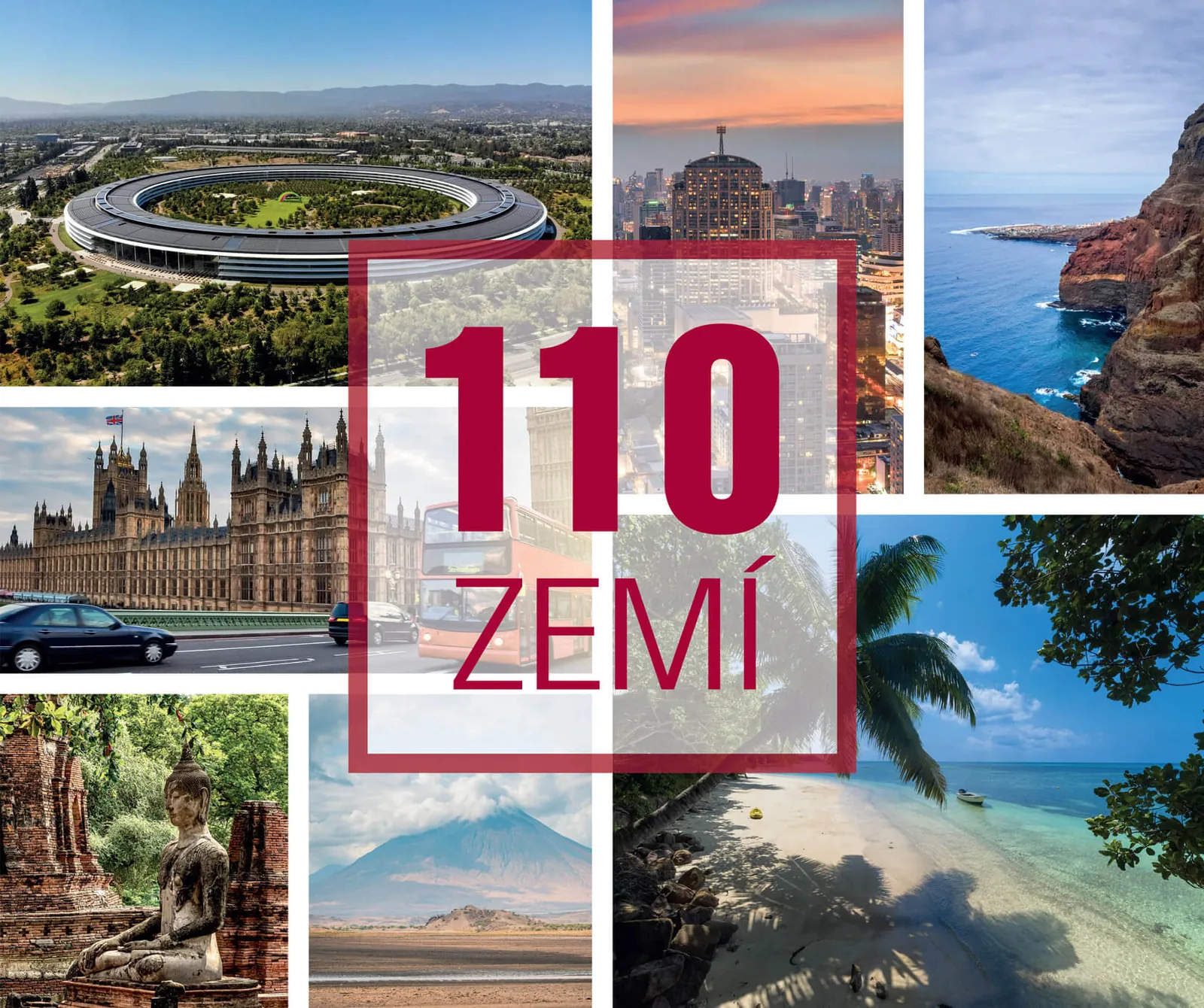 Koláž fotografií z celého světa s nápisem 110 ZEMÍ — klientům jsme asistovali již v téměř 110 zemích světa.