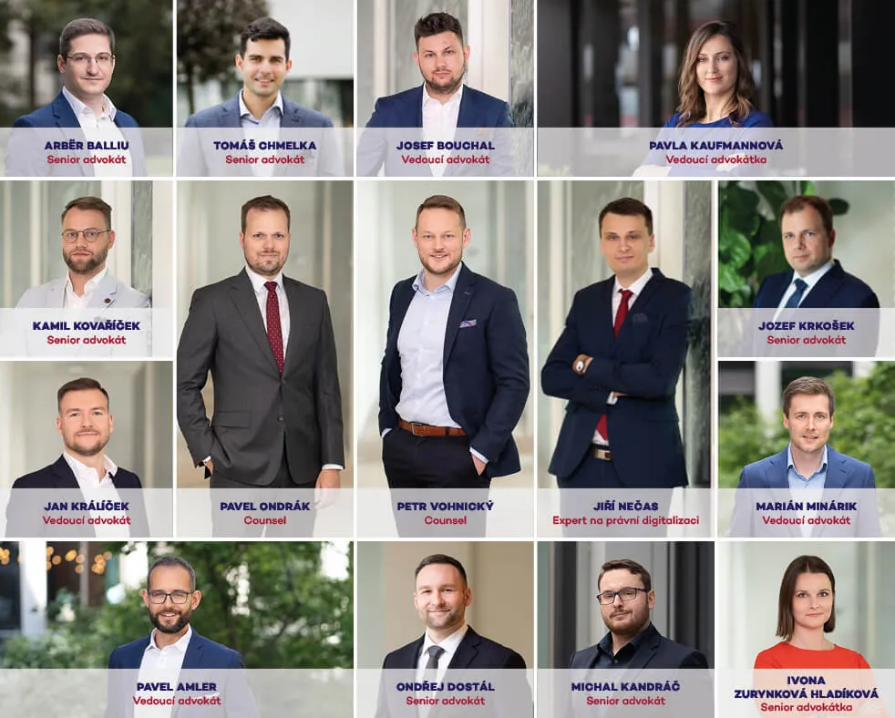 Grafika s portréty 15 povýšených kolegů: counsel Pavel Ondrák a Petr Vohnický, Legal Technologist Jiří Nečas, vedoucí advokáti Pavel Amler, Josef Bouchal, Pavla Kaufmannová, Jan Králíček a Marián Minárik, senior advokáti Arbër Balliu, Ondřej Dostál, Tomáš Chmelka, Michal Kandráč, Kamil Kovaříček, Jozef Krkošek a Ivona Zurynková Hladíková