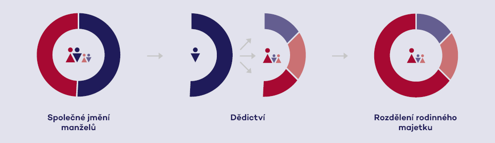 Infografika se třemi prstencovými grafy: „Společné jmění manželů“ dělené na dvě poloviny mezi manžela a manželku, „Dědictví“ – polovina připadající na zesnulého manžela dělená rovným dílem mezi manželku a dvě děti, a „Rozdělení rodinného majetku“ – manželka 4/6 celku, každé z dětí 1/6 celku.