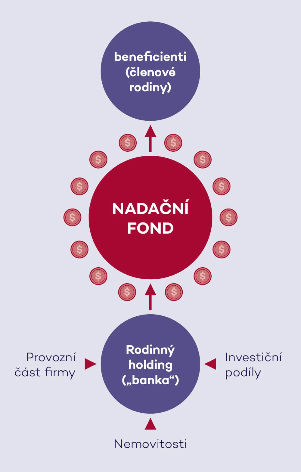 Schéma toku majetku: do rodinného holdingu („banky“) vstupuje provozní část firmy, investiční podíly a nemovitosti; z holdingu vede šipka do nadačního fondu obklopeného mincemi a z nadačního fondu dál k beneficientům (členům rodiny)